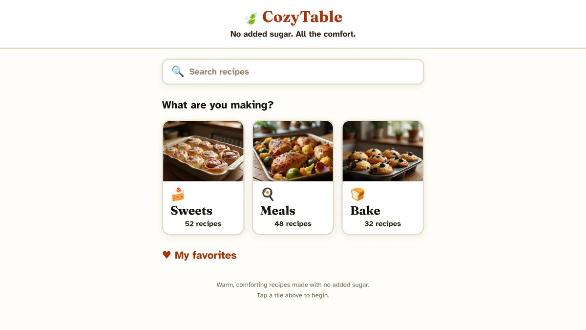 Tela inicial do CozyTable: busca de receitas e três cartões de categoria, doces, pratos e panificação, com foto de cada um.