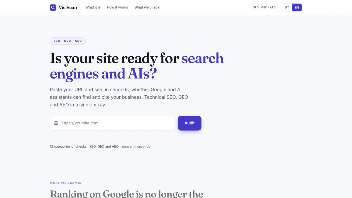 Tela inicial do VisiScan: título perguntando se o site está pronto para buscadores e IAs, campo para colar a URL e botão de auditoria.